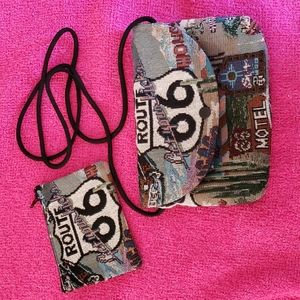 Route 66 tapestry shoulder bag with zippered case.